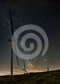 Wind turbines against the background of the milky way.