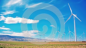 wind turbines against a beautiful blue sky, harnessing wind energy