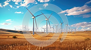 wind turbines against a beautiful blue sky, harnessing wind energy