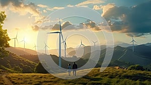 Wind turbines are alternative electricity sources, the concept of sustainable resources, People in the community with wind