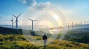 Wind turbines are alternative electricity sources, the concept of sustainable resources, People in the community with wind