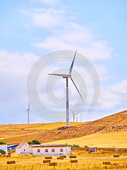 Wind turbines between an arid field and a blue sky background for copy space