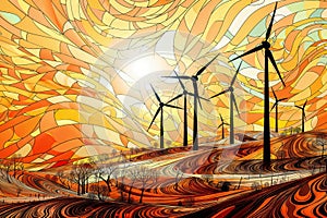 Wind turbines on the background of the autumn landscape., generative ai