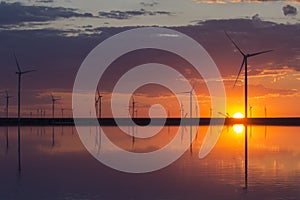 Wind turbines on the background of a beautiful sunset. Alternative energy sources. Electricity industry