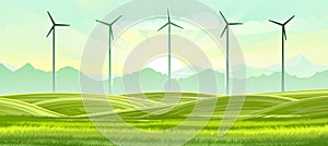Wind turbines with blades. Electricity generator. Background picture. Innovation. A source of sustainable renewable