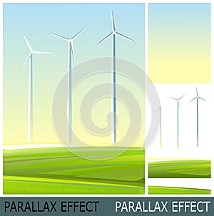 Wind turbines with blades. Electricity generator. Background picture. Innovation. Source of sustainable renewable energy
