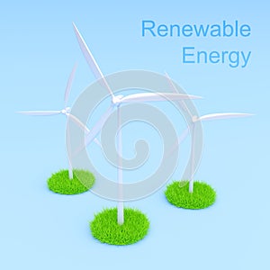 Wind turbines on blue background. Alternative energy concept