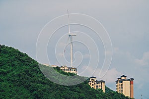 Wind turbines and blue skies and white clouds