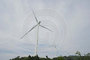 Wind turbines and blue skies and white clouds