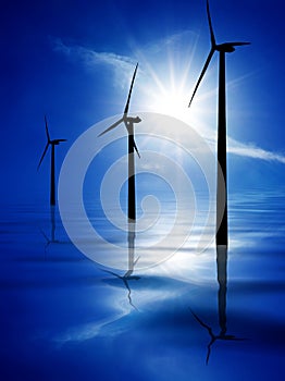 Wind turbines in blue water