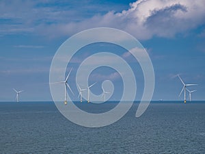 The wind turbines of Burbo Bank in the Mersey Estuary off New Brighton, Wirral and Liverpool