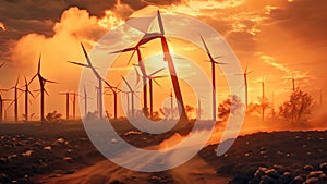Wind turbines burning in a field at sunset, 3D illustration, View of a wind farm with turbines on fire, concept of Energy Crisis