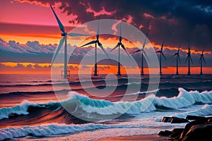 Wind Turbines & Crashing Waves: Dramatic Sunset/Sunrise, generative ai