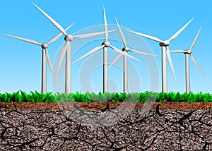 Wind turbines on grass dry soil cross section, 3D illustration