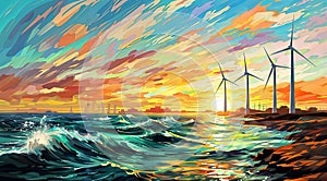 Wind turbines in the sea at sunset. Vector illustration of wind turbines., generative ai