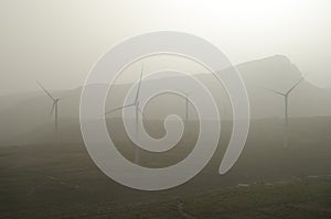 Wind turbines in a day with airborne dust.