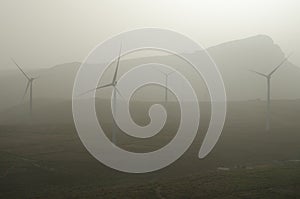 Wind turbines in a day with airborne dust.