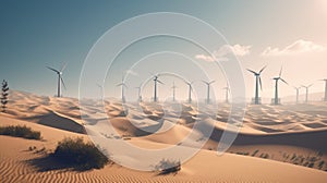 Wind turbines in the desert, renewable energy concept. Generative AI