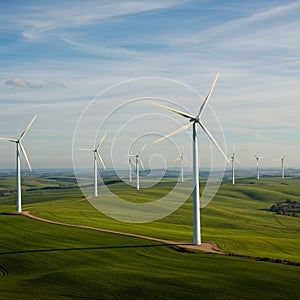 Wind turbines dot a lush green landscape of rolling hills, stretching into the distance. photo