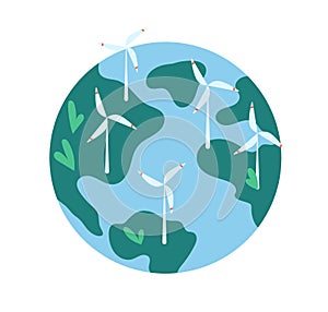 Wind turbines, eco green power industry. Renewable sustainable energy concept. Windmills, windpower on Earth globe photo
