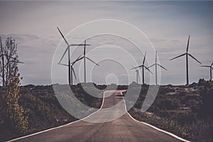 Wind turbines for electric power production, Zaragoza Province, Aragon in Spain