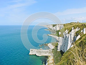 Wind turbines on english channel coast in Normandy