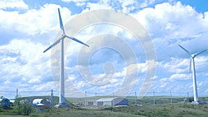 Wind turbines farm. aerogenerator windmill in sunny blue sky day. Wind Turbine. photo
