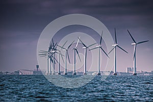 Wind turbines farm in Baltic Sea, Denmark