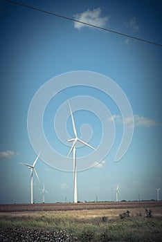 Wind turbines farm on cotton field at Corpus Christi, Texas, USA