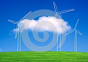 Wind turbines farm on green field