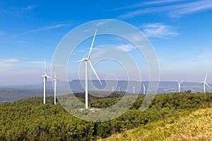 Wind turbines farm on mountanis landscape at Lam Takong Reservoir Views against blue sky with clouds background,Windmills for