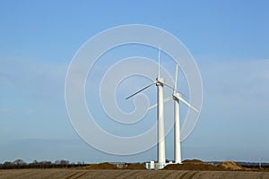 Wind turbines on farmland.