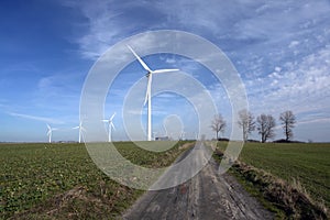 Wind turbines in a field.