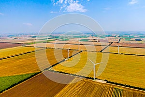 Wind turbines in the field aerial view. wind farm