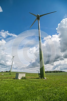 Wind turbines in the field and blue sky background