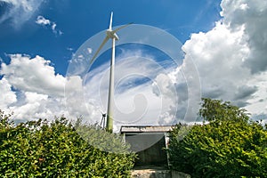 Wind turbines in the field and blue sky background