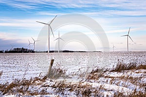 Wind Turbines in Field Covered in Snow at Sunset