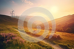 Wind turbines field. Generate Ai