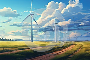 Wind turbines in the field. Renewable energy concept. 3D rendering, Windmill wind power electricity farm field, AI Generated