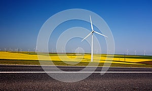 Wind turbines. Fields with windmills. Rapeseed