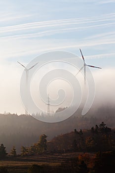 Wind turbines in fog