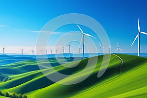 Wind turbines generate clean energy on a lush green hilltop under a clear blue sky