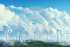 Wind turbines generating electricity with blue sky and white clouds. 3D rendering, renewable energy with wind turbines picking out