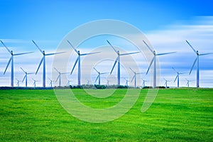 Wind turbines generating electricity on green meadow