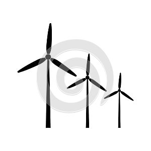Wind turbines generating environmentally friendly electricity on a white background.