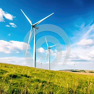 Wind turbines , generator stand in green meadows against sky