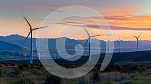 Wind turbines golden hour landscape dramatic sky. Renewable energy concept