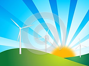 Wind turbines on green backgro photo