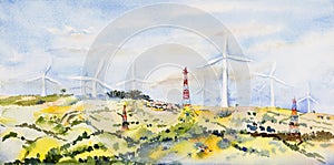 Wind turbines green energy on mountain. Watercolor original landscape painting