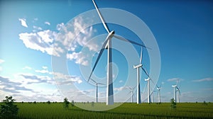 Wind turbines on the green field against the blue sky. Production of renewable green energy. Sustainable development